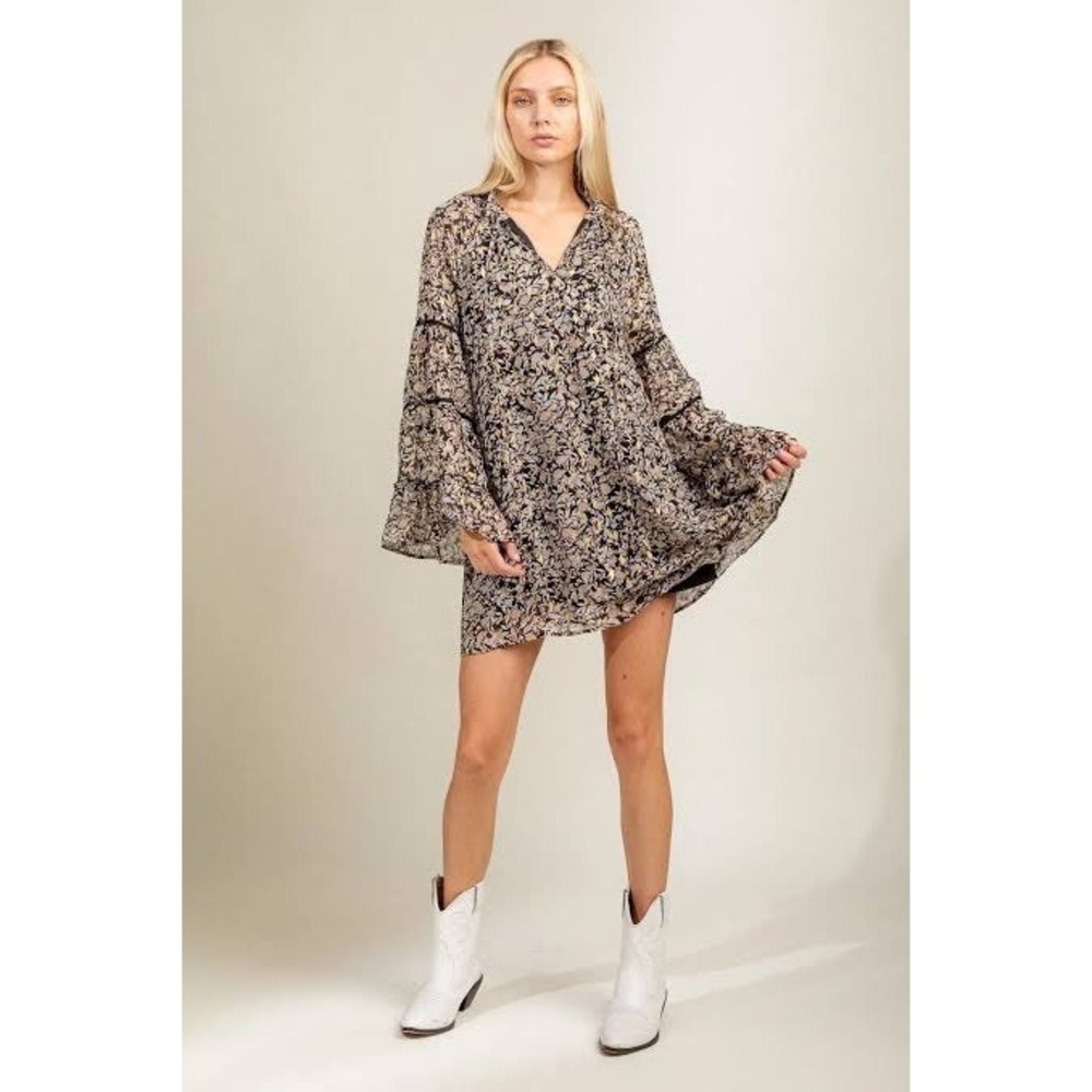 Loveriche Black Floral Metallic Gold Tiered Bell Sleeve Mini Dress NWT Sz S